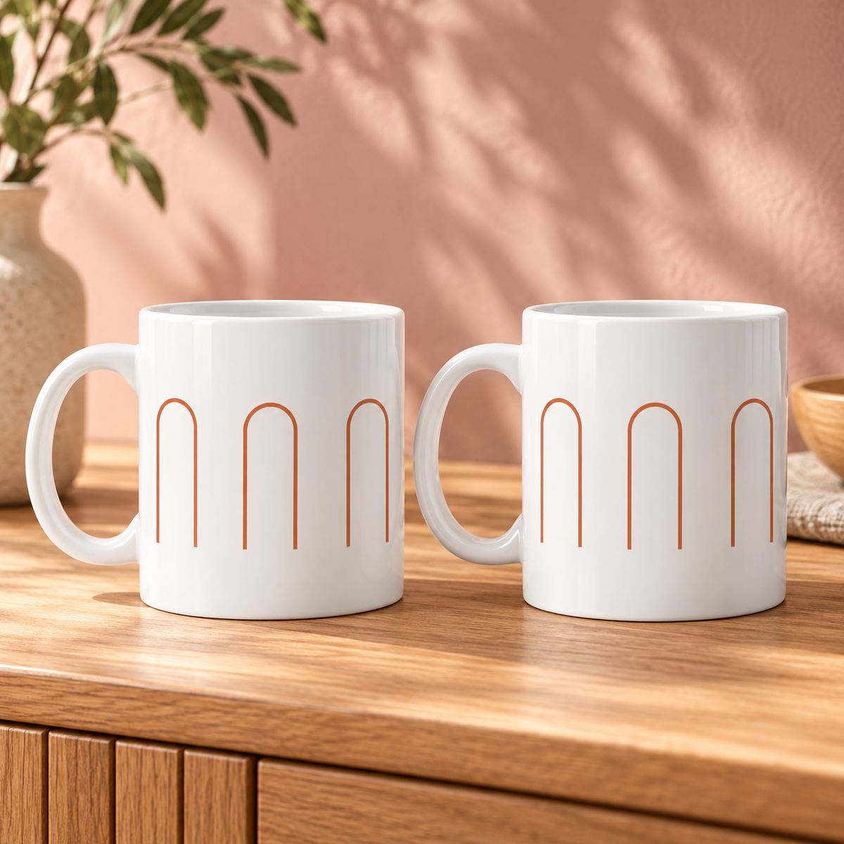 Terracotta Arches Ceramic Mugs – Set of 2 with matching printed designs, white ceramic borders and both handles on the left