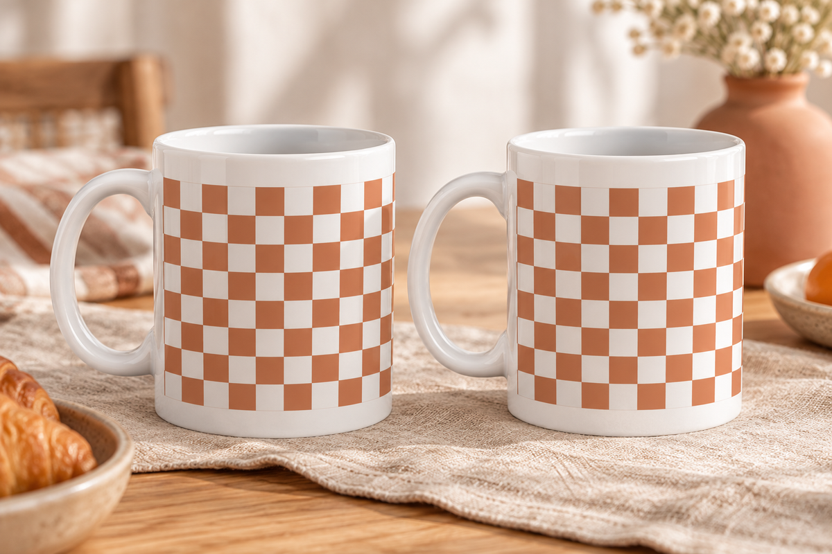 Terracotta Checkerboard Ceramic Mugs – Set of 2