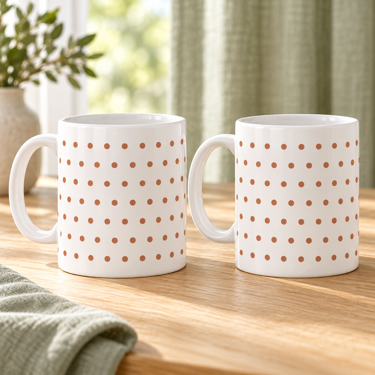 Terracotta Polka Dots Ceramic Mugs – Set of 2 with a white ceramic background and both handles on the left