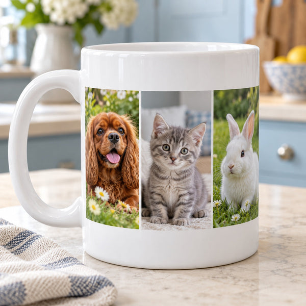 Three Photo Strip Mug with a spaniel, kitten and rabbit wrapping around white ceramic and clear top and bottom margins