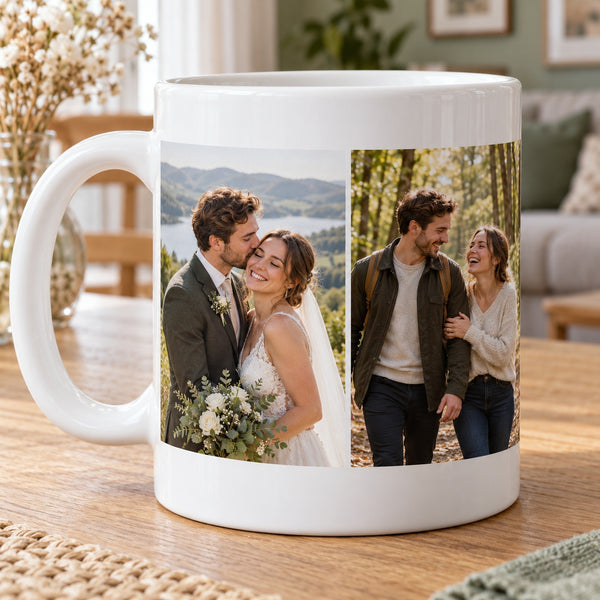 Two Photo Mug: white ceramic mug with two separate landscape photographs arranged side by side around the mug: fictional happy newlywed couple outdoors, and the same couple laughing on a woodland walk; tasteful narrow white separation, no frames, a left-facing handle and clear white space above and below the print