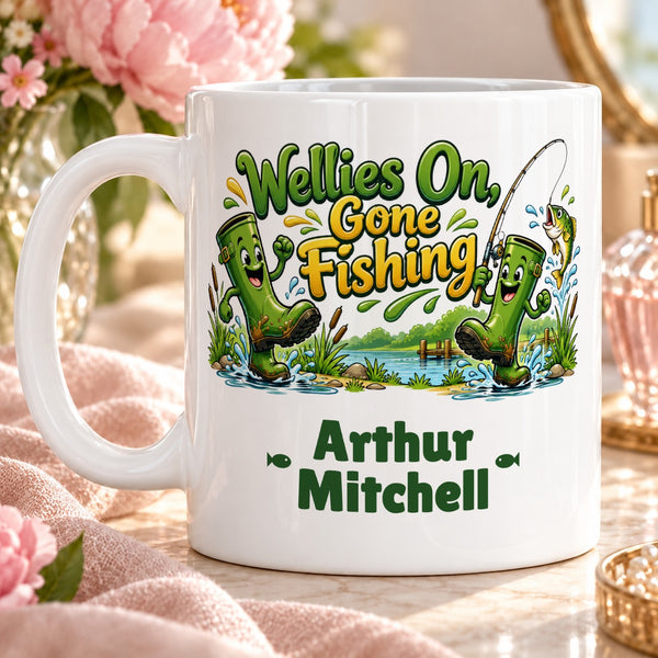 Wellies On, Gone Fishing – Personalised Mug