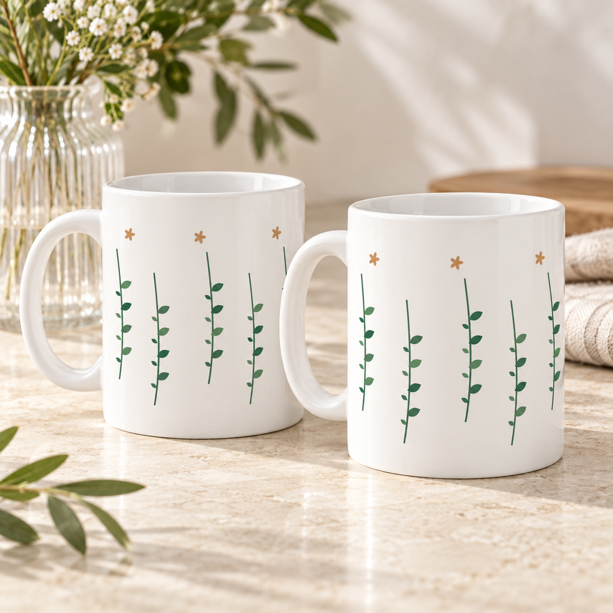 Willow Leaves Ceramic Mugs – Set of 2
